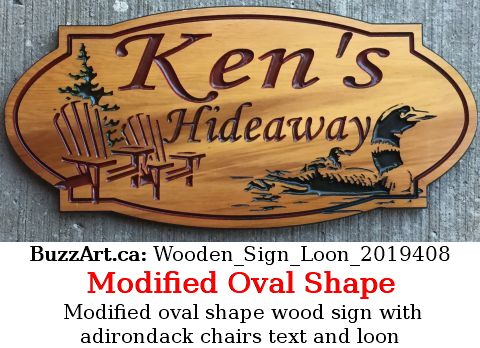 Modified oval shape wood sign with adirondack chairs, text and loon